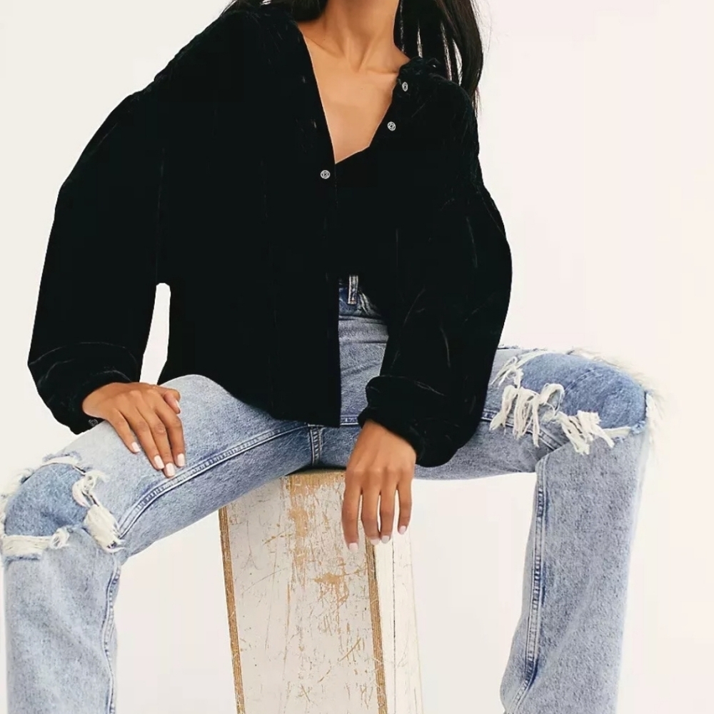 Free People Women's Long Sleeve Velour Button Down
